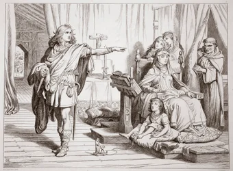 Entretien de Hereward avec sa mère et le prêtre Herluin, illustration de Hereward the Great par Charles Kingsley, pub. 1870, gravé par C.G. Lewis